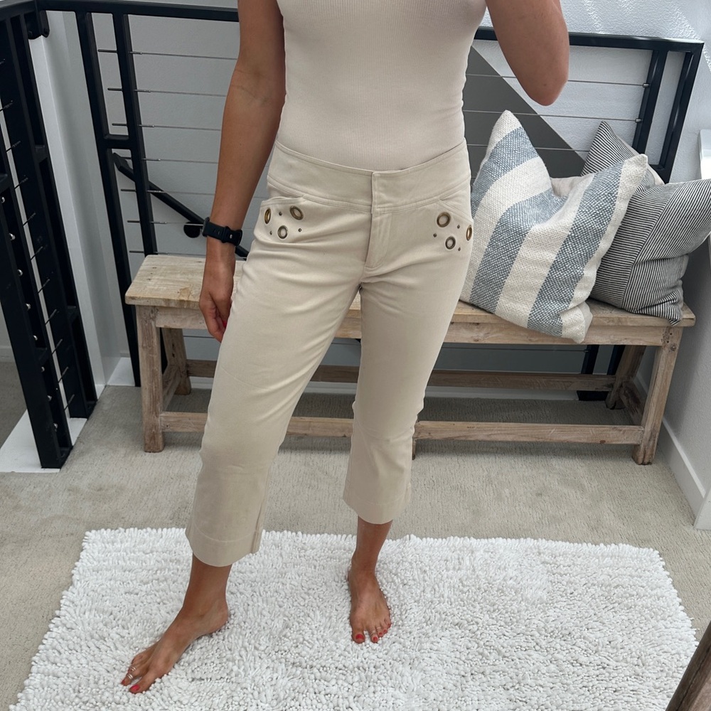 Cache Tan Crop Capri Pants Gold Grommet Accent | Size 6